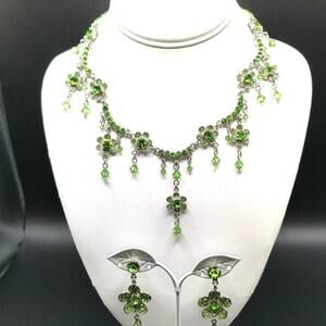 Vintage KU-AI Green Rhinestone Crystal Necklace Earrings Set Formal Bridal